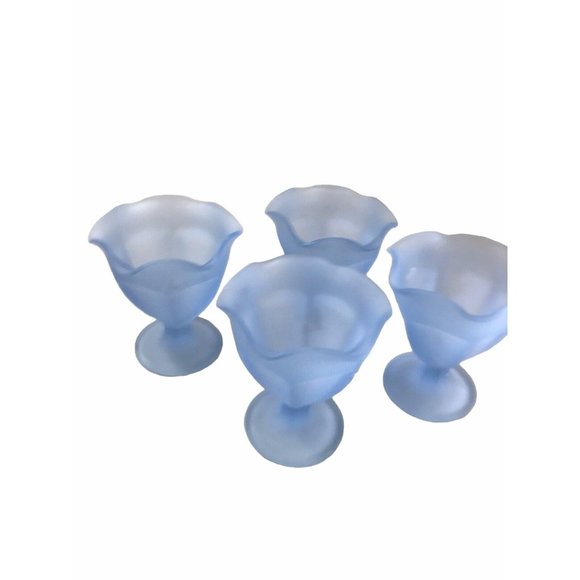 (4) Vintage Blue Frosted Dessert Goblet Sherbet Parfait Dishes Tulip Style Set 4 - Picture 6 of 8